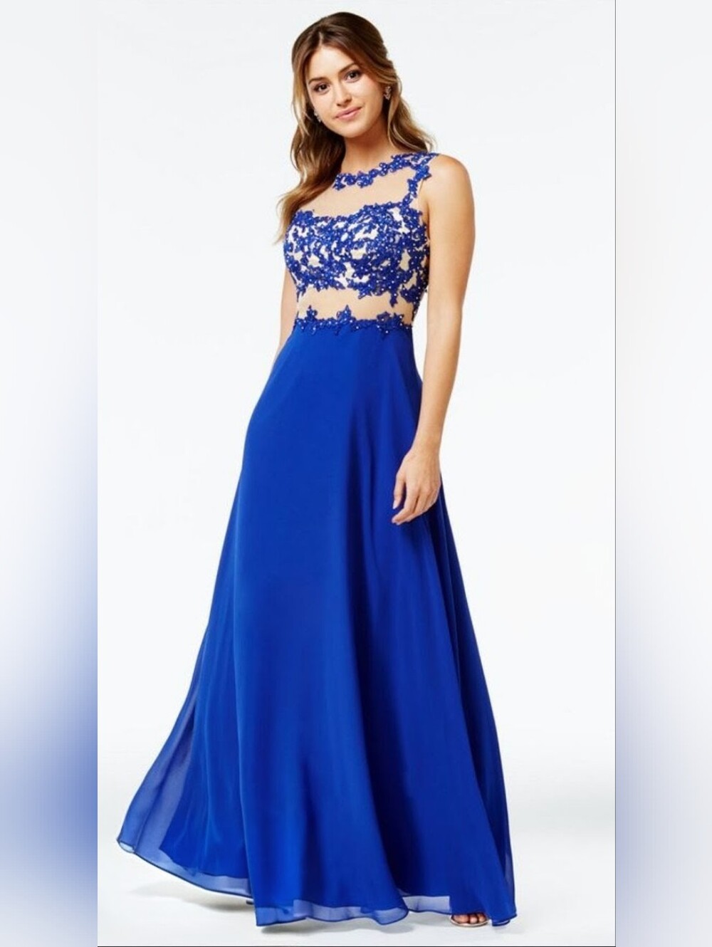 Fall Lace Sheer Sparkle Embroidered Evening Gown Women's Maxi Pageant Dress XS